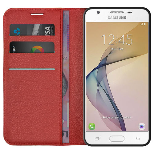 Leather Wallet Case & Card Holder Pouch for Samsung Galaxy J5 Prime - Red